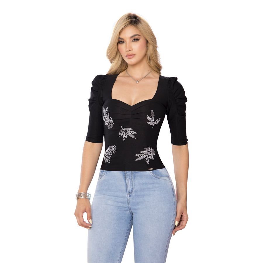 Blusa Ajustada Cuello Cuadrado Negra TyT Antología