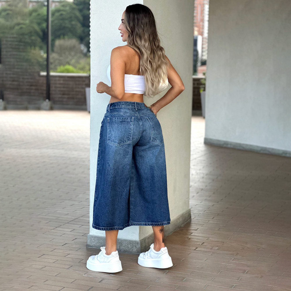 Jeans Short Baggy Tiro Alto Azul Asi Sea As06605