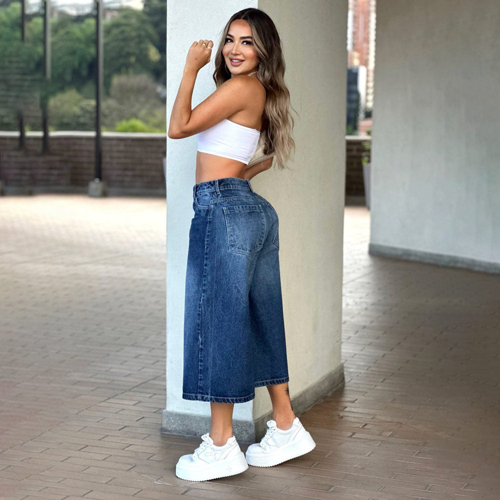 Jeans Short Baggy Tiro Alto Azul Asi Sea As06605 - 40