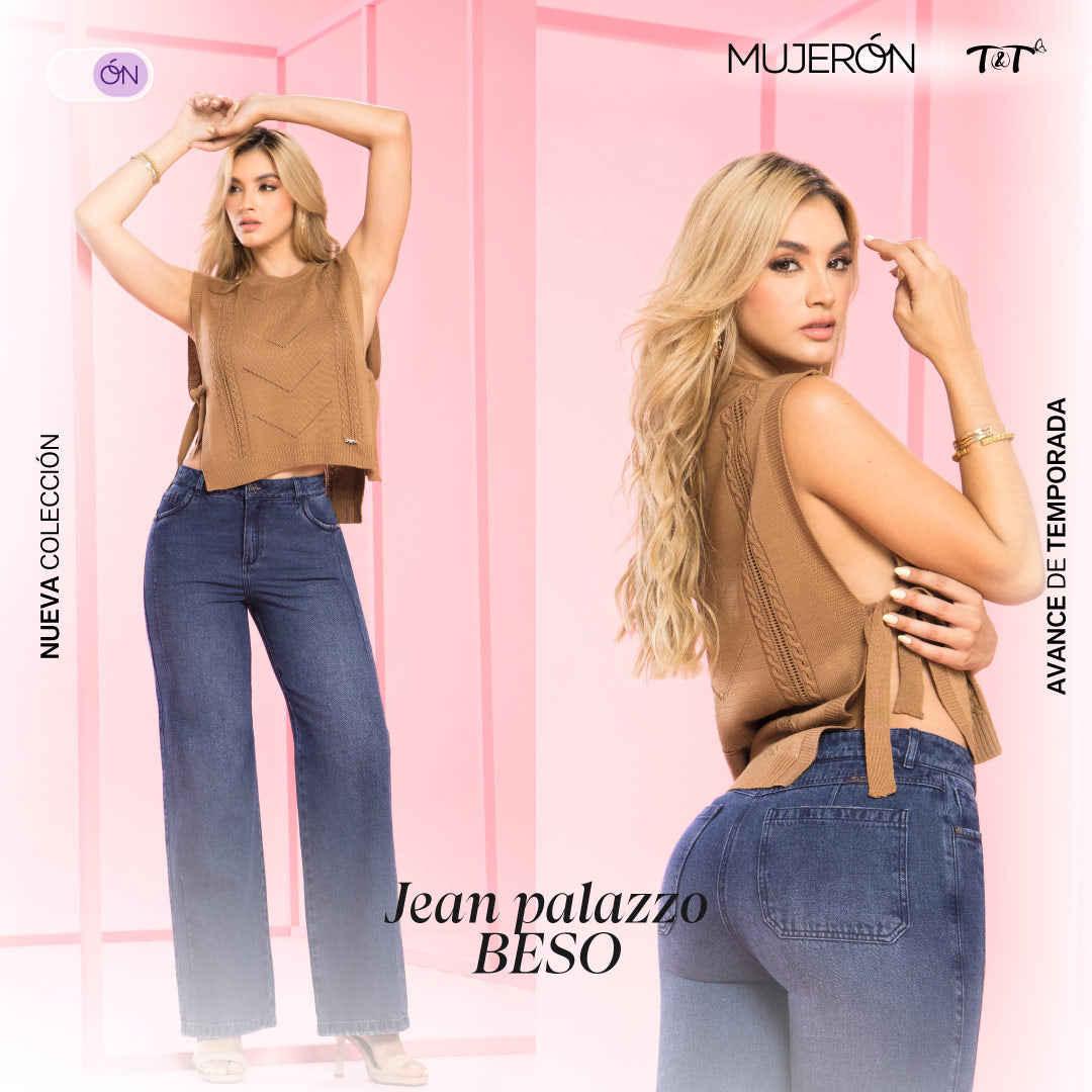 Jeans Palazzo Azul Rigido Mujeron Beso