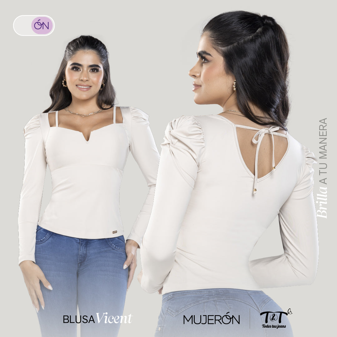 Blusa Ajustada Cuello Cuadrado Beige TyT Vicent