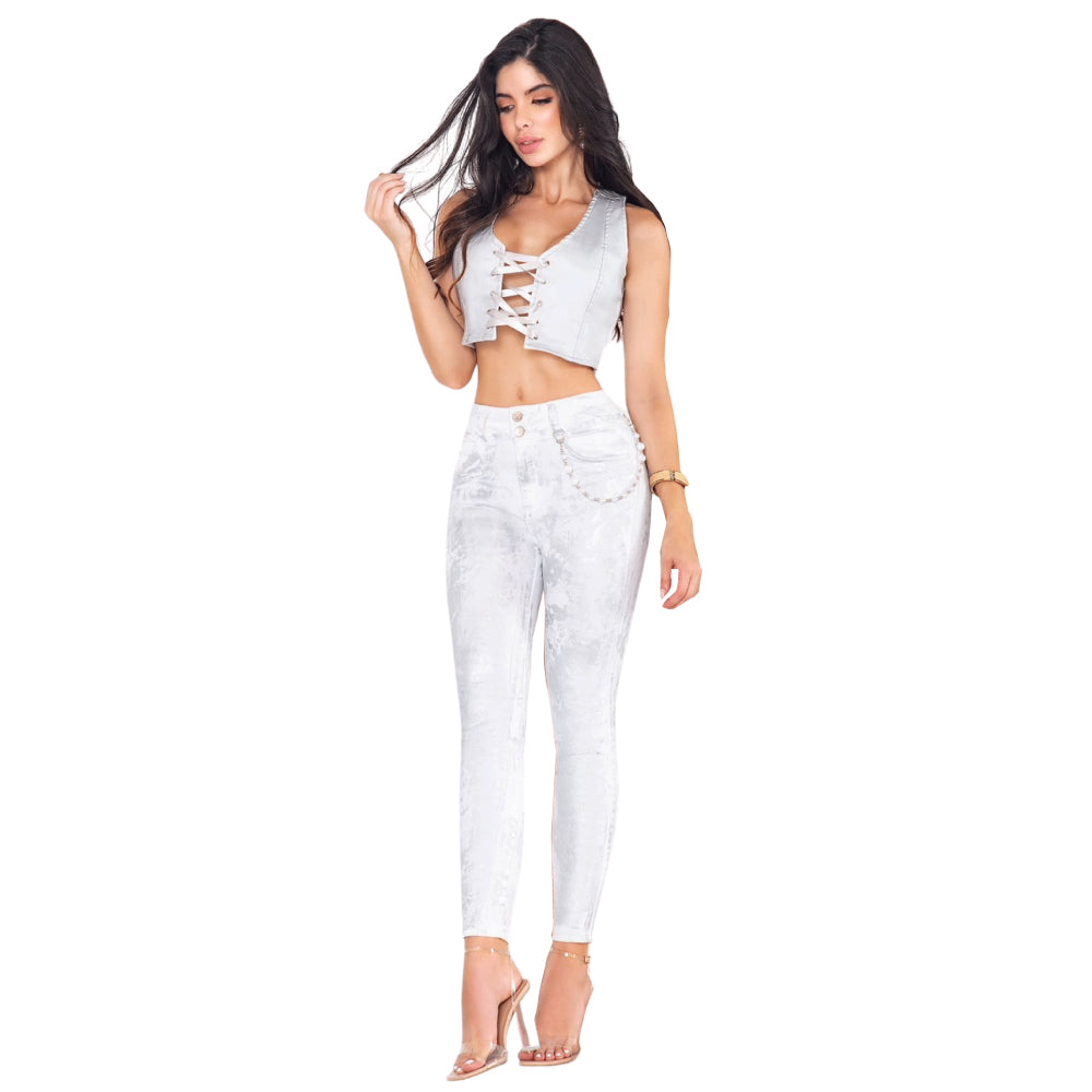 Jean Push Up Tiro Alto Blanco Estampado Real Jeans White Paper