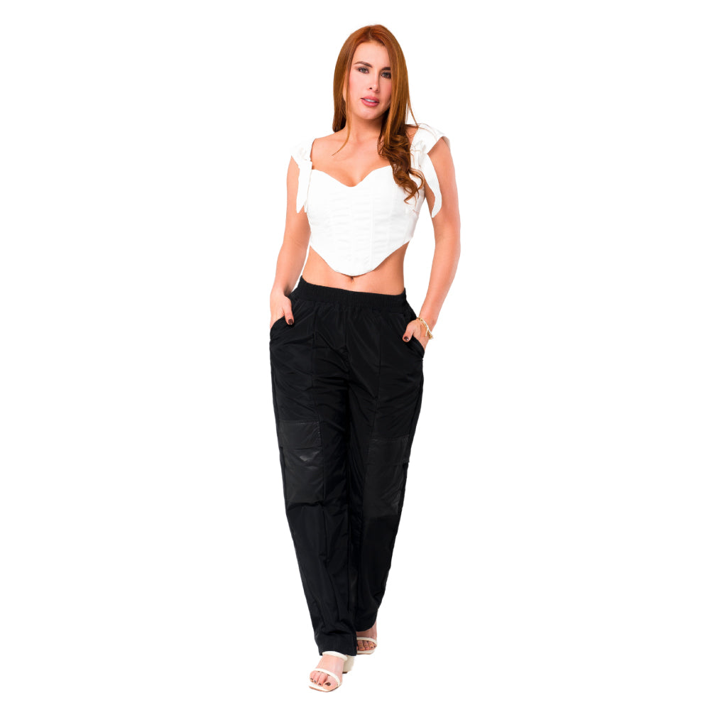 Pantalón Jogger Urbano Negro Metalizado Mujerón Urb008 — cuerpo completo, vista frontal