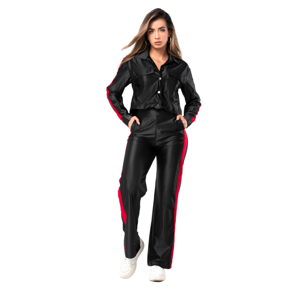 Pantalón Urbano Acampanado Negro Franja Roja Mujerón Urb0011 — cuerpo completo, vista frontal