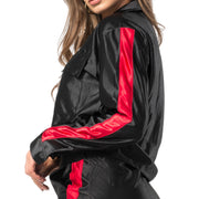 Chaqueta Urbana Satinada Negra Franja Roja Mujerón Urb0012 — detalle posterior