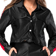 Chaqueta Urbana Satinada Negra Franja Roja Mujerón Urb0012 — detalle frontal