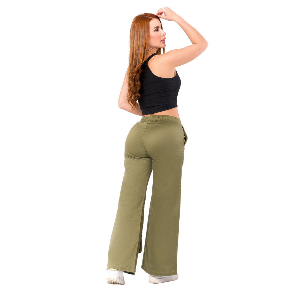 Pantalón Culotte Verde Oliva Franjas Blancas Mujerón Urb0013 — cuerpo completo, vista posterior