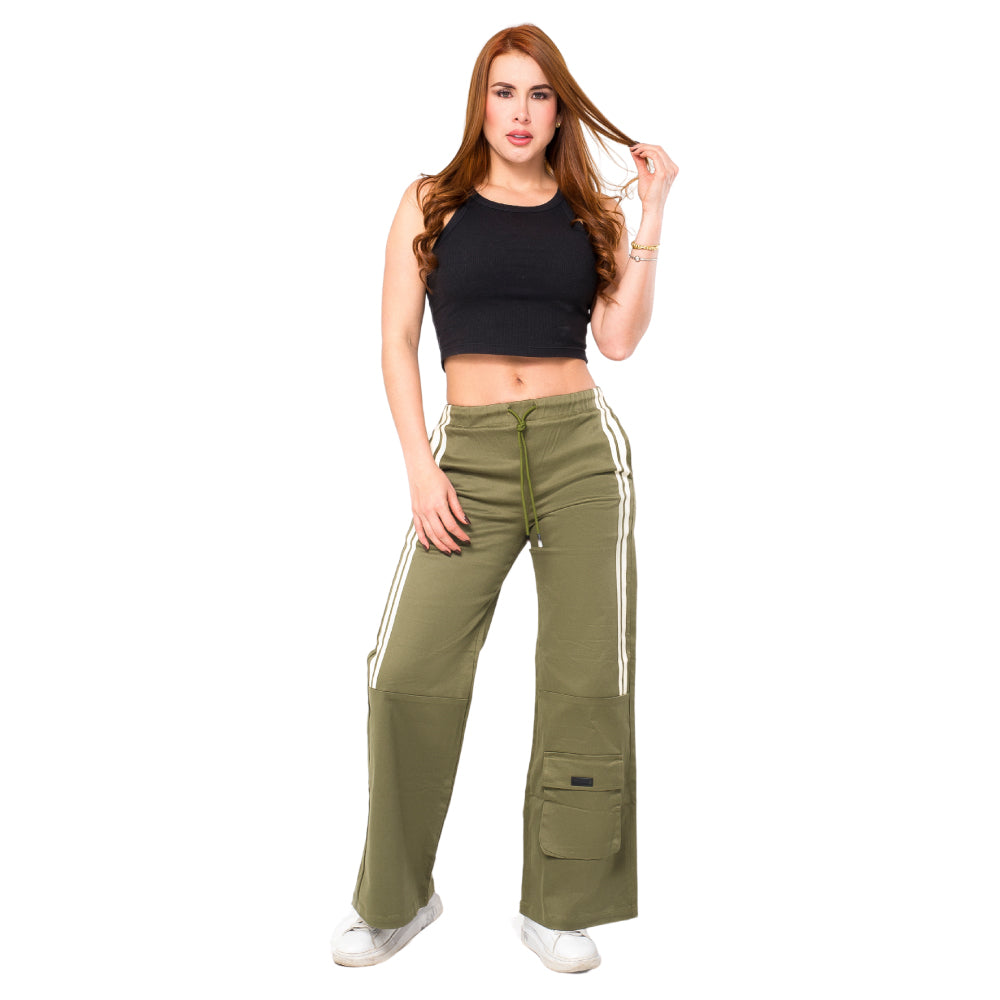 Pantalón Culotte Verde Oliva Franjas Blancas Mujerón Urb0013 — cuerpo completo, vista frontal
