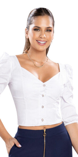 Blusa Nairobi TYT: Elegancia Blanco Puro, Manga 3/4, Silueta Ajustada, Moda Colombiana 1